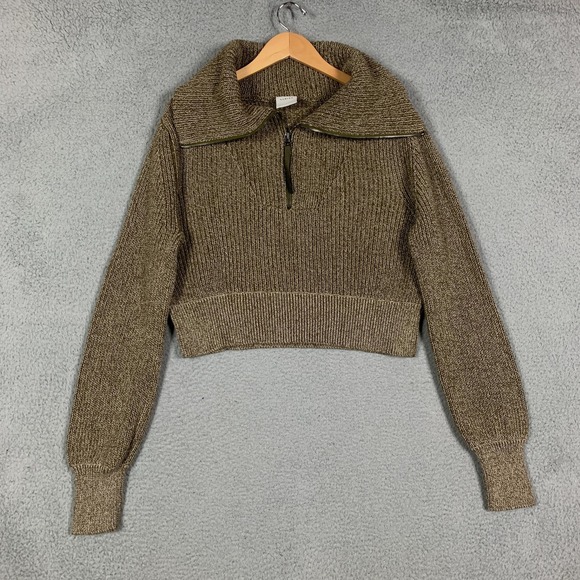 Varley Mentone Sweater Medium M Dark Olive Speckle Half-Zip Knit Pullover Crop - Picture 2 of 10